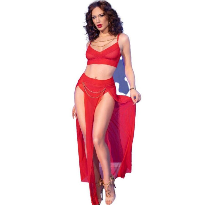 Chilirose - Cr 4850 Set Top Rojo Y Leggins Con Complementos Dorados L