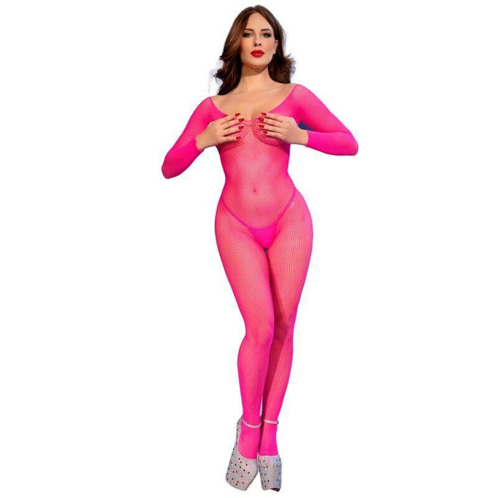 Chilirose - Cr 4894 Bodystocking Malla Rosa Neon S/M