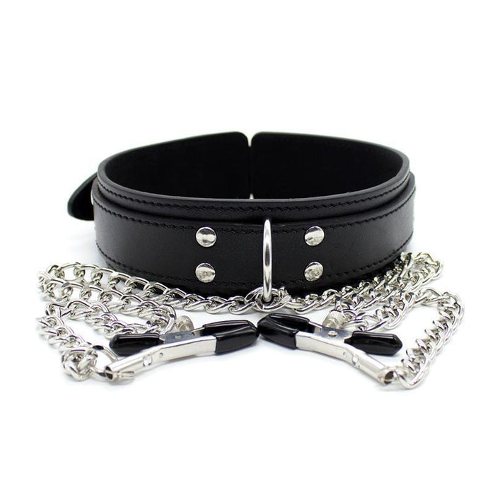 Collar Con Pezoneras Y Cadena De Metal Negro