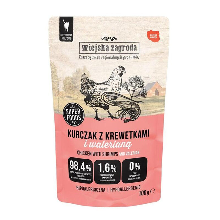 Comida Húmeda Para Gatos Wiejska Zagroda Pollo Con Gambas Y Valeriana  100g