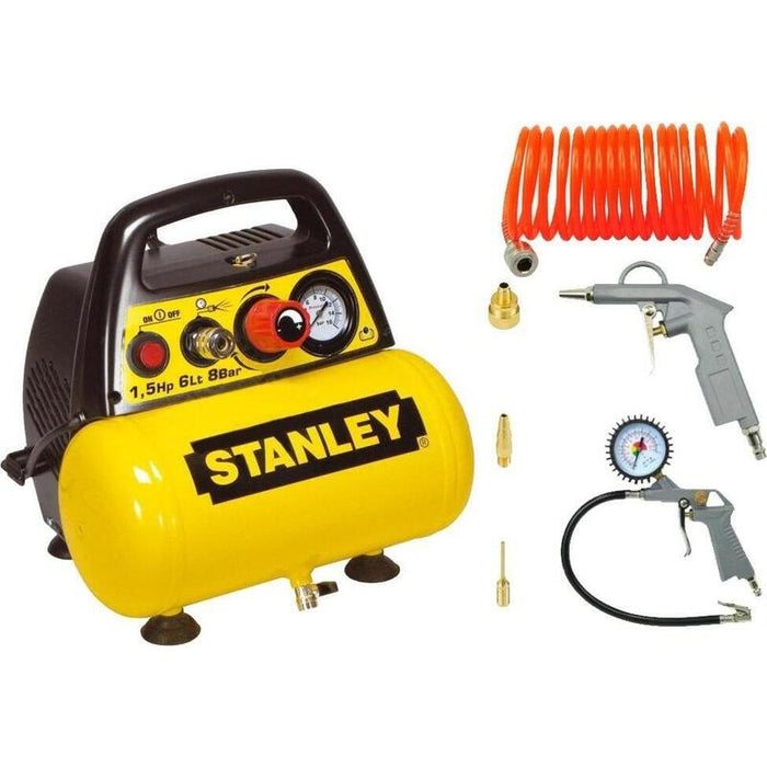 Compresor Sin Aceite 6l+Kit Neumático Stanley