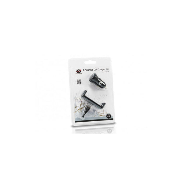 Conceptronic Cargador 5v 2xusb  Para Coche 12/24v + Soporte Smartphone Toma Ventilacion Cusbcar2akit