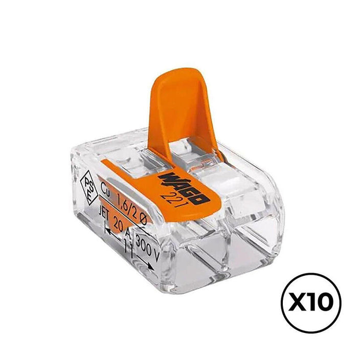 Conector Rápido Con Palanca 2 Vias, Ø Maximo 4 Mm², 450 V , 32 A; Transparente; 13,2 X 18,6 X 8,4 Mm, 10 Uds