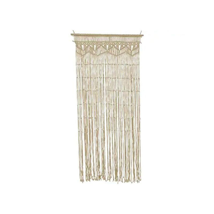 Cortina De Macramé Beige Con Barra De Madera Clara, Para Puerta, 90 X 200 Cm