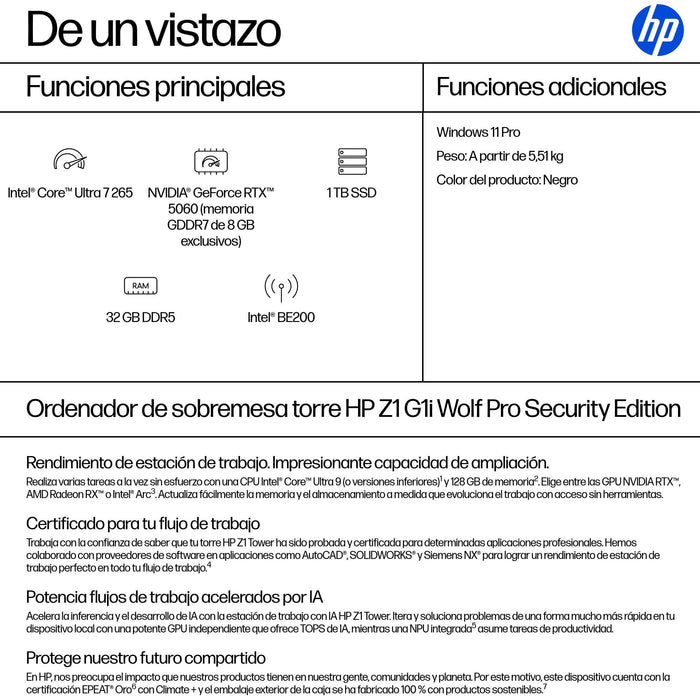 EAN 0199764193094 - HP Z1 Tower G1i Desktop PC Wolf Pro Security Edition Intel Core Ultra 7 265 32 GB DDR5-SDRAM 1 TB SSD NVI imagen 3