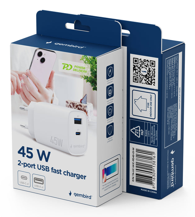 EAN 8716309138161 - Gembird TA-UC-1A1C-PD45-01-W cargador de dispositivo móvil Portátil, Smartphone, Tableta Blanco Corriente imagen 5