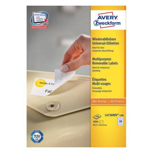 EAN 4004182433294 - Avery L4736REV-100 etiqueta autoadhesiva Rectángulo redondeado Desmontable Blanco 4800 pieza(s) imagen 1