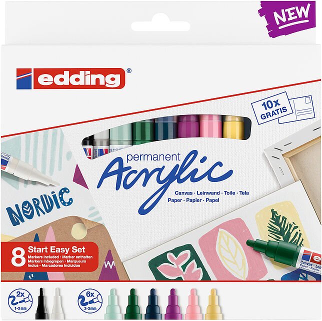 EAN 4057305031020 - Edding Acrylic Negro, Azul, Marrón, Verde, Azul claro, Rosa, Púrpura, Blanco, Amarillo 8 pieza(s) imagen 1