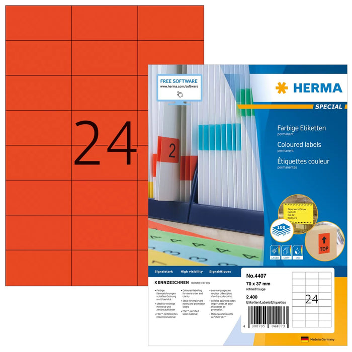 EAN 4008705044073 - HERMA 4407 etiqueta autoadhesiva Rectángulo Permanente Rojo 2400 pieza(s) imagen 1