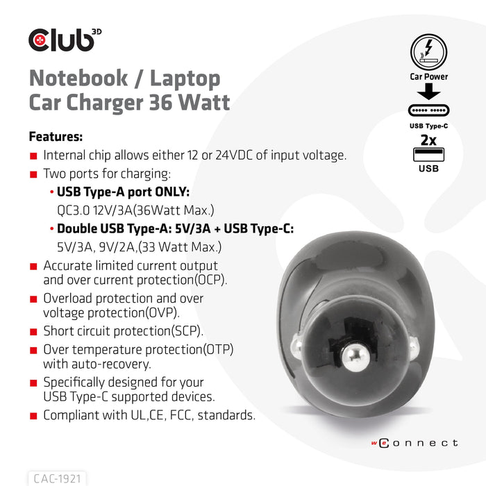 EAN 8719214472788 - CLUB3D CAC-1921 cargador de dispositivo móvil Portátil Negro Encendedor de cigarrillos Auto imagen 7