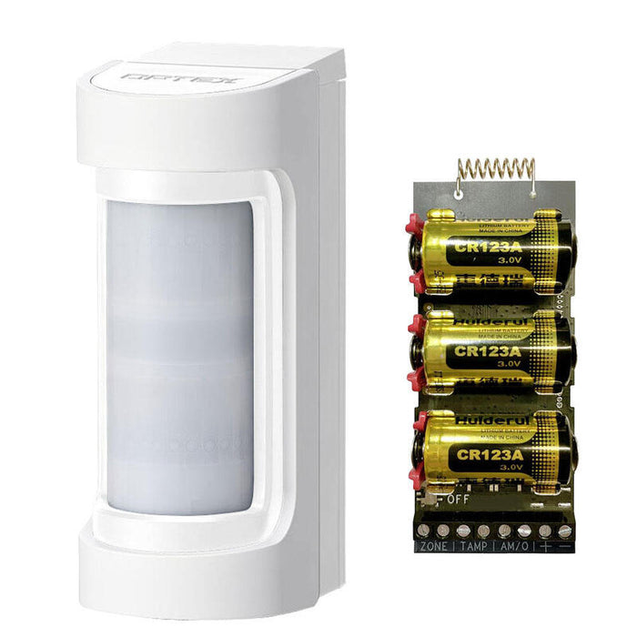 Detector Doble Pir Exterior. Cobertura 12 M, 90°. Color Blanco Optex + Transmisor Vía Radio Axpro Hikvision