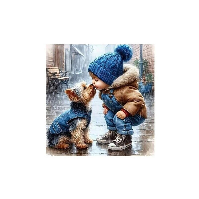 Diamentowa Mozaika - Chlopiec I Pies York, Buziak W Deszczu