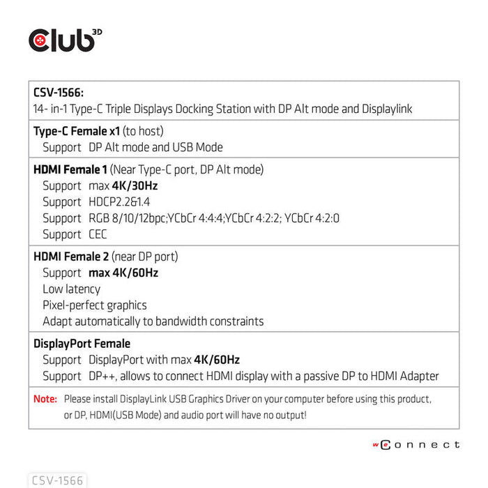 Dockingstation Club3d Csv-1566 (Usb Gen1 Type-C Triple Display Dp Alt Mode + Displaylink  Dynamic Pd Charging Docking Con 120 Watt Ps)