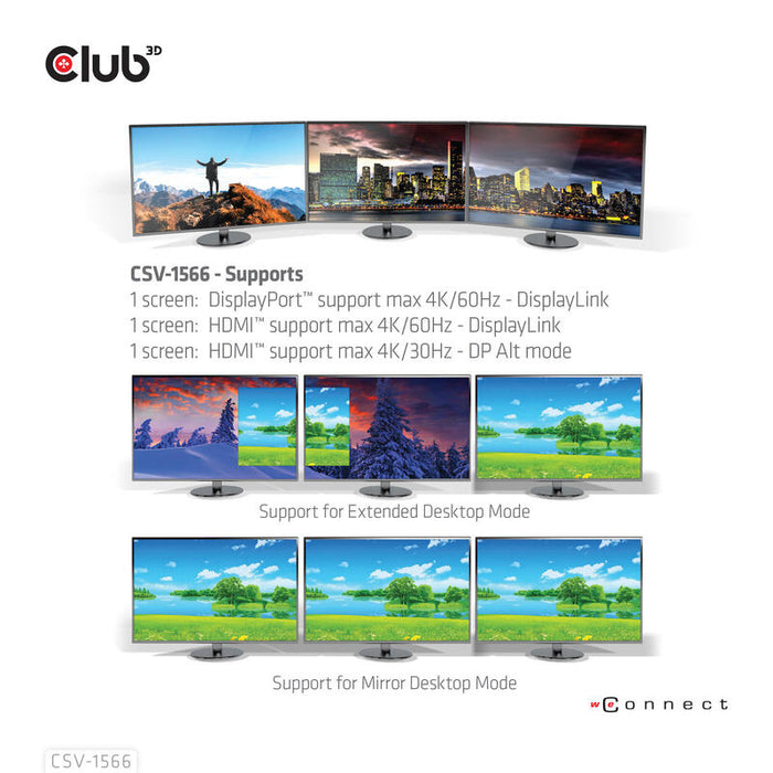 Dockingstation Club3d Csv-1566 (Usb Gen1 Type-C Triple Display Dp Alt Mode + Displaylink  Dynamic Pd Charging Docking Con 120 Watt Ps)