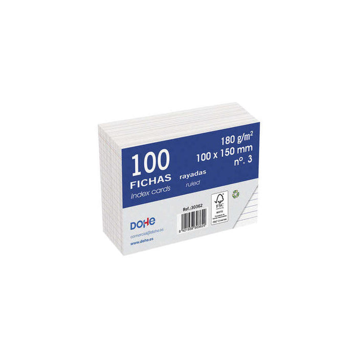 Dohe Fichas De Cartulina Offset Blanca - 180g - Rayadas - Paquete De 100 Unidades