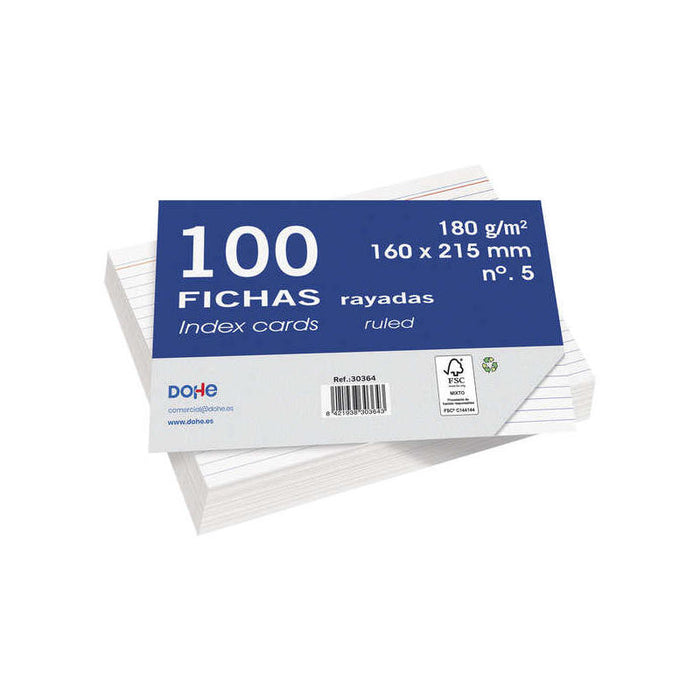 Dohe Fichas De Cartulina Offset Blanca De 180g - 100 Unidades - Rayadas