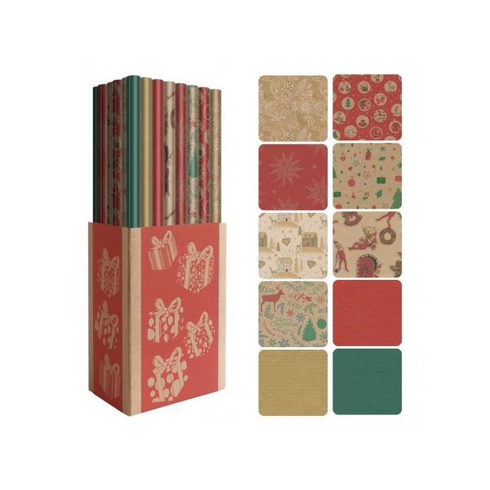 Dohe Navidad Kraft Expositor De 50 Rollos De Papel Regalo - 10 Diseños Diferentes - 5 Rollos Por Diseño - Medidas Del