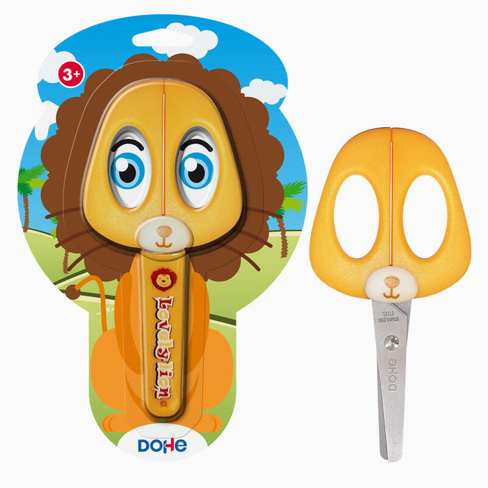 Dohe Tijera Escolar Para Niños - Acero Inoxidable - Puntas Redondeadas - Funda Para Las Hojas - Diseño Leon