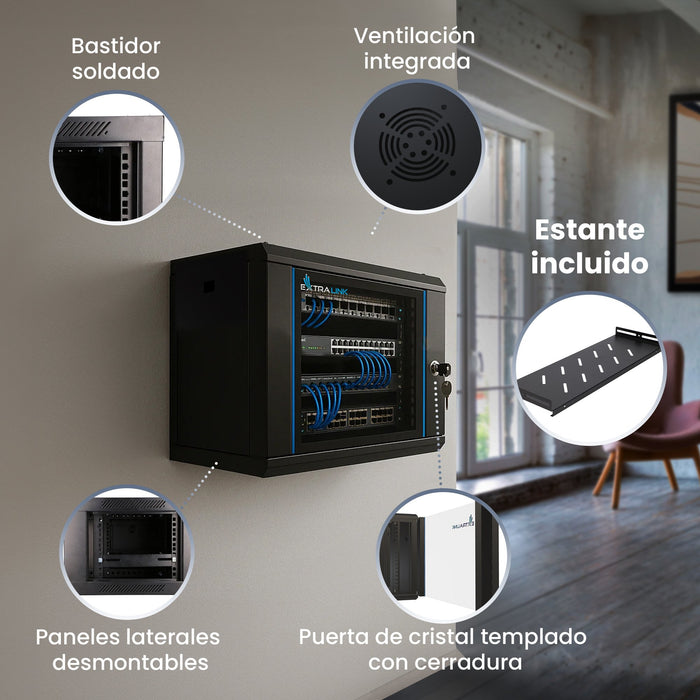 EAN 5907207228785 - Extralink LITE 6U 530X400 WALL-MOUNTED RACKMOUNT CABINET BLACK Estante montado en suelo/pared/independien imagen 19