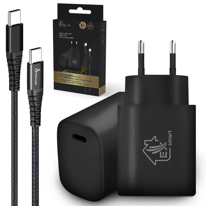 EAN 5906168634307 - Extralink Smart Life | Rinkinys USB Type-C to Type-C, 200cm, Juodas + kroviklis 18W PD3.0 | Juoda imagen 1