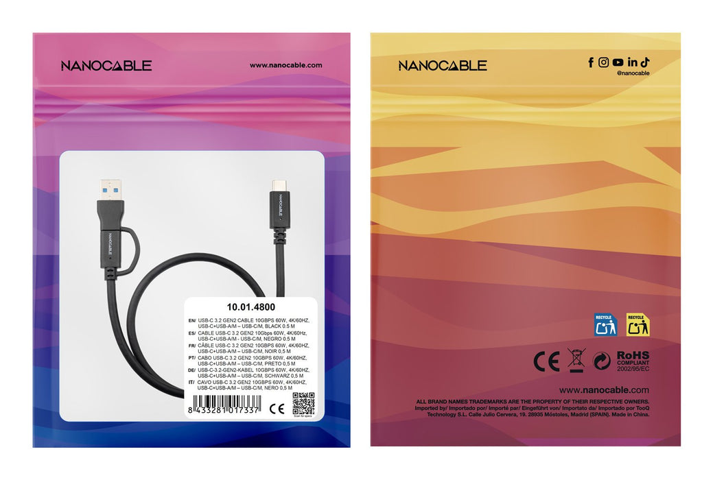 EAN 8433281017344 - Nanocable 10.01.4801 cable USB USB 3.2 Gen 2 (3.1 Gen 2) 1 m USB A/USB C USB C Negro imagen 3