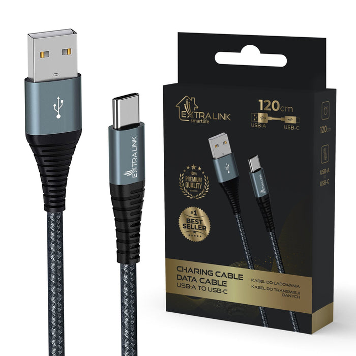 EAN 5906168632839 - Extralink SMART LIFE CABLE 15W, USB-A TO USB-C, 120CM, NYLON BRAIDED, 5V 2.4A/3A, BLACK cable USB imagen 1