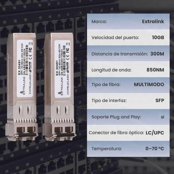 EAN 5906168630491 - Extralink SFP+ 10G 2-pack | Moduł SFP+ | 10Gbps, 850nm, 300m, multi mode (EX.30491) red modulo transcepto imagen 5