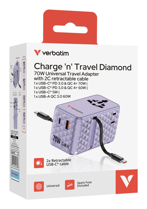 EAN 23942301882 - Verbatim Charge 'n' Travel 70W Universal Púrpura Corriente alterna Carga rápida Interior imagen 4