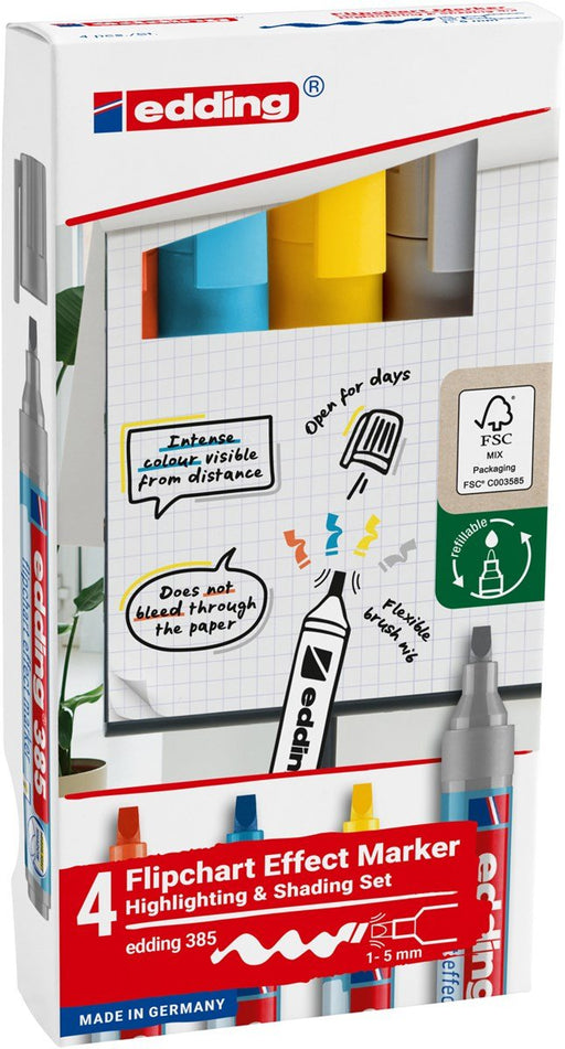 EAN 4004764986736 - Edding 385 Flipchart marcador 4 pieza(s) Punta de pincel Azul, Naranja, Plata, Amarillo imagen 2