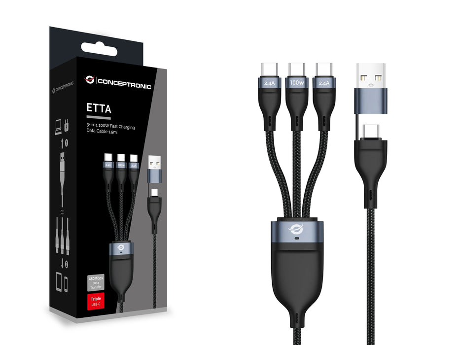 EAN 4015867242407 - Conceptronic ETTA06B15C cable USB USB 2.0 1,5 m USB A/USB C 3 x USB C Negro imagen 3