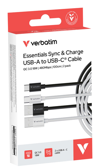 EAN 23942323938 - Verbatim 32393 cable USB USB 2.0 1 m USB A USB C 0,48 Gbit/s 18 W Negro, Blanco imagen 4