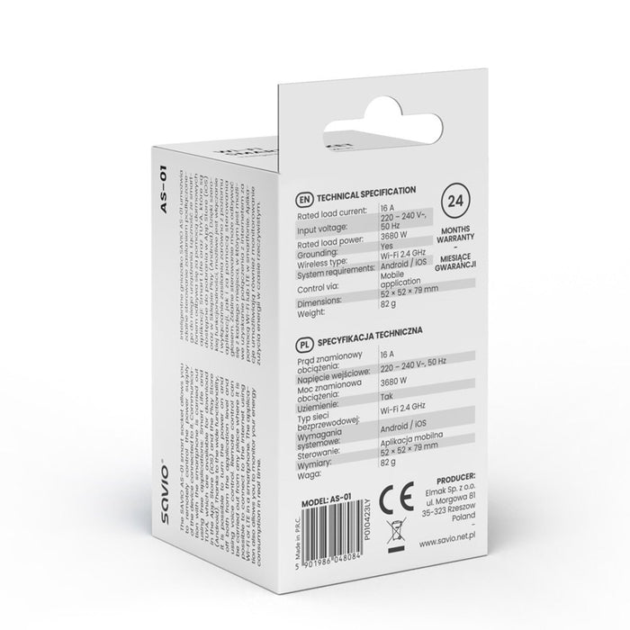 EAN 5901986048084 - Savio WI-FI smart socket 16A AS-01 White Inalámbrico Blanco imagen 8