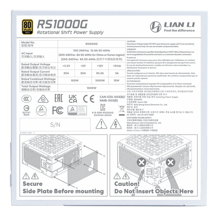 EAN 4718466018960 - Lian Li RS1000G unidad de fuente de alimentación 1000 W 20+4 pin ATX ATX Blanco imagen 7