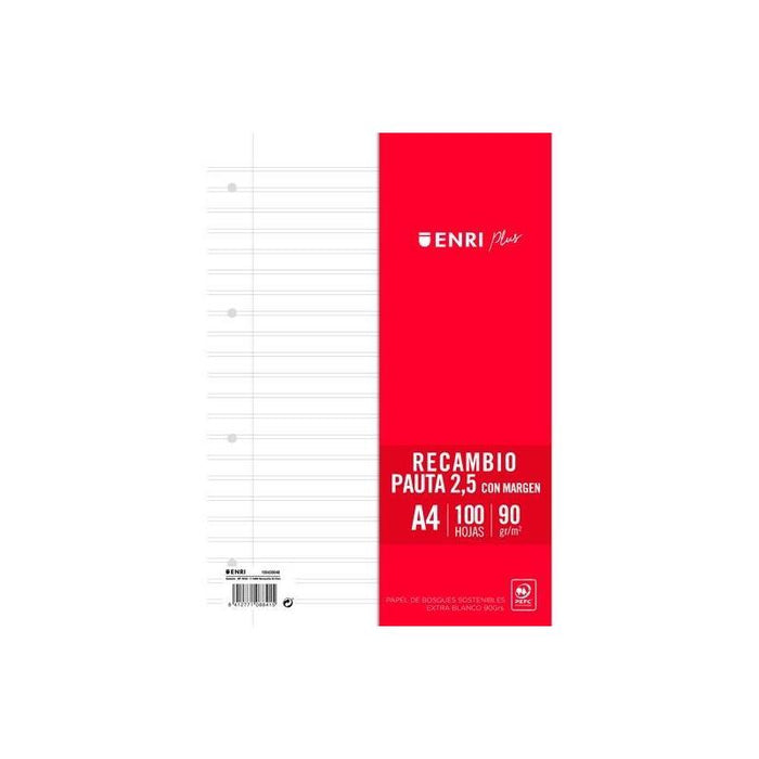 Enri Recambio Plus 100h A4 90gr Pauta 2,5 C/Margen 4 Taladros Blanco