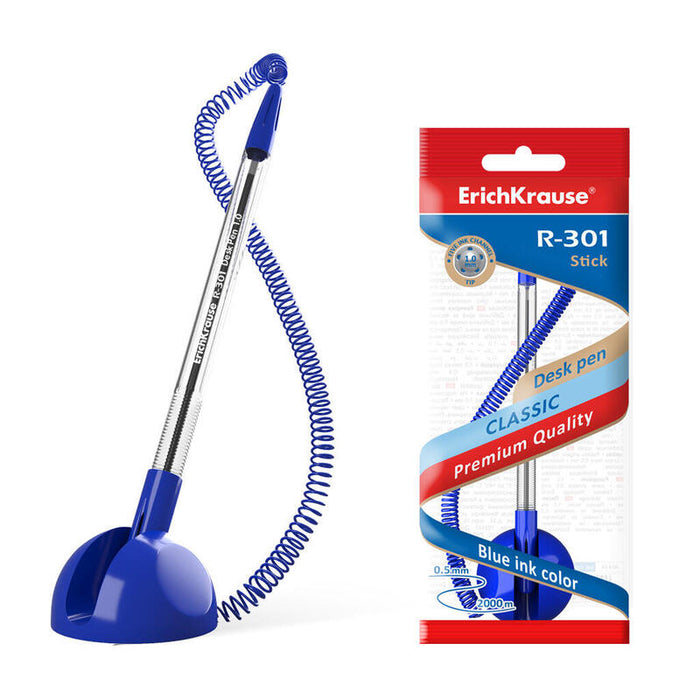 Erichkrause Boligrafo R-301 Desk Pen 1.0 - Punta De 1.0mm - Tinta De Secado Rapido - Cuerpo Hexagonal Transparente - Color Azul