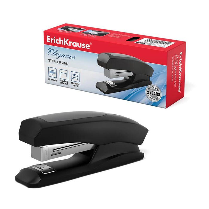 Erichkrause Grapadora Elegance Half-Strip - Resistente A Golpes - Engrapado Permanente Y Temporal - Color Negro