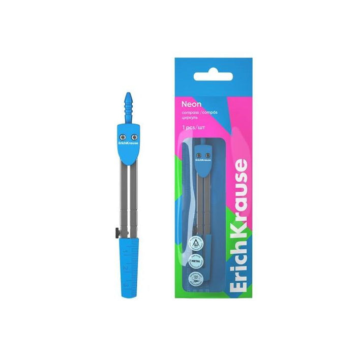 Erichkrause Neon Compas Escolar - Cuerpo Metalico - 120mm De Longitud - Radio Maximo De 180mm - Bolsa De Polietileno -