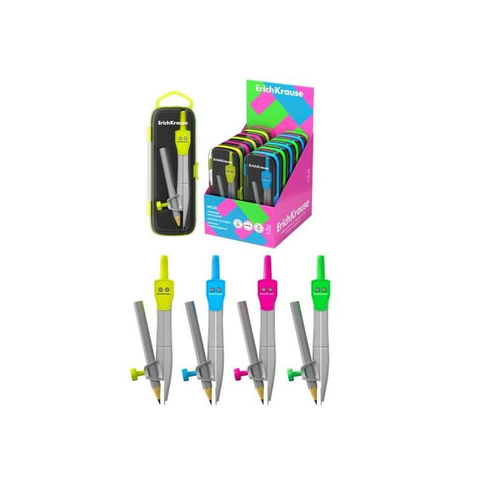 Erichkrause Neon Expositor Con 12 Compases Con Lapiz - Cuerpo Metalico - 123mm De Longitud - Radio Maximo De 185mm -