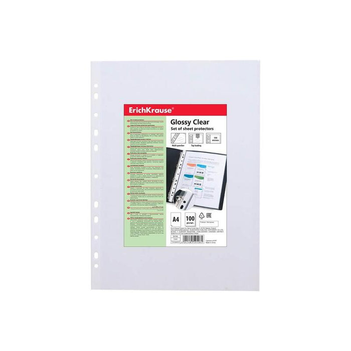 Erichkrause Pack De Fundas 100 Protectoras Glossy Clear - Grosor 100cm - Tamaño A4 - Transparente