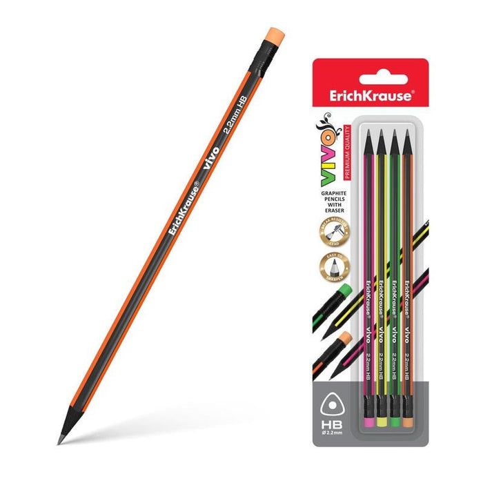 Erichkrause Vivo Hb - Pack De 4 Lapices De Grafito Triangular Con Goma De Borrar - Madera Seleccionada - Dureza Hb - Resistente Al Impacto - Facil Afilado - Mina No Araña El Papel - Borrador De Dureza Media - Caucho Termoplastico Hipoalerge