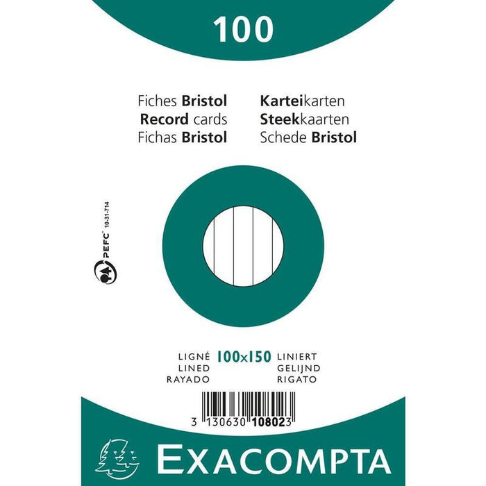 Exacompta Paquete 100 Fichas Cartulina Bristol Retractil Linea Horizontal Sin Taladro 100x150mm Blanco