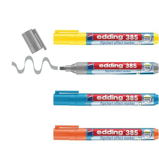 EAN 4004764986736 - Edding 385 Flipchart marcador 4 pieza(s) Punta de pincel Azul, Naranja, Plata, Amarillo imagen 1