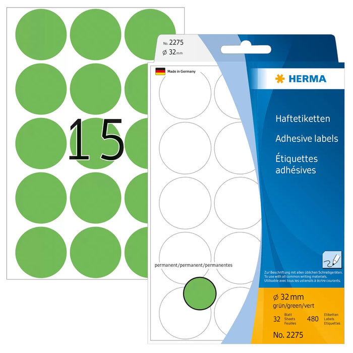 EAN 4008705022750 - HERMA 2275 etiqueta autoadhesiva Círculo Verde 480 pieza(s) imagen 1