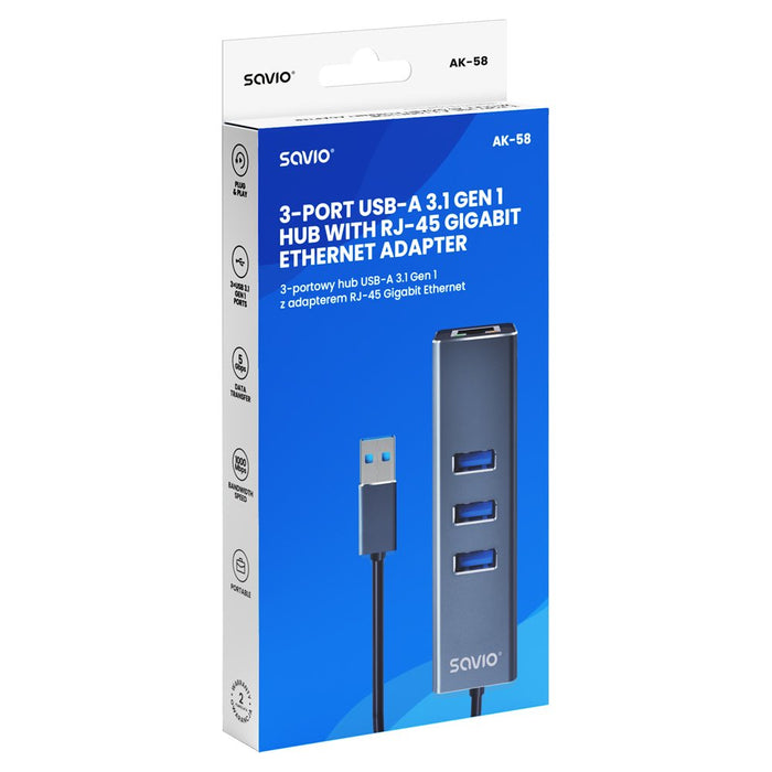 EAN 5901986047773 - Savio AK-57 USB-A - 3 x USB-A HUB with RJ-45 Gigabit Ethernet adapter 5000 Mbit/s grey USB 3.2 Gen 1 (3.1 imagen 7