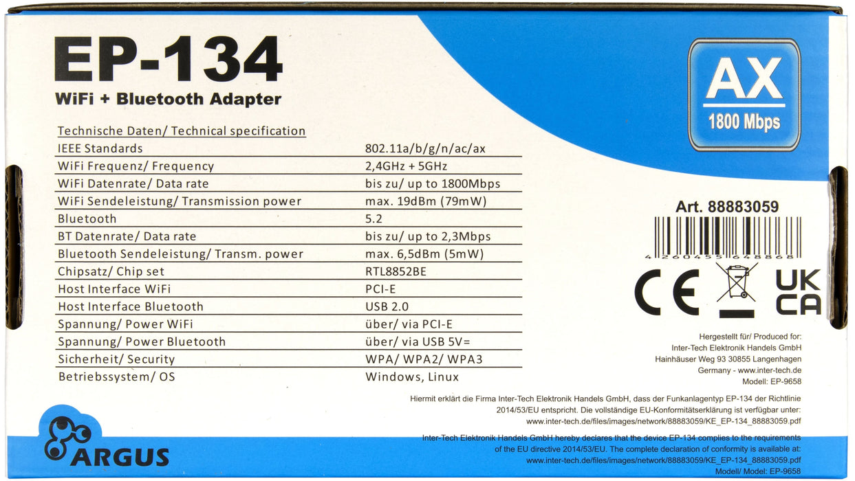 EAN 4260455648868 - Inter-Tech EP-134 Interno WLAN / Bluetooth 1800 Mbit/s imagen 4
