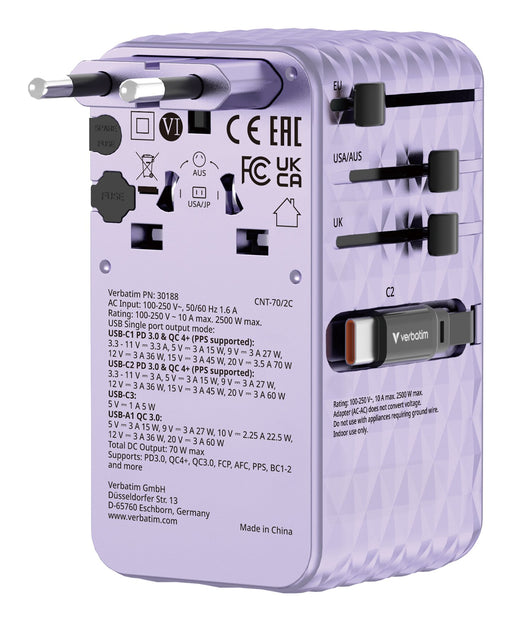 EAN 23942301882 - Verbatim Charge 'n' Travel 70W Universal Púrpura Corriente alterna Carga rápida Interior imagen 1