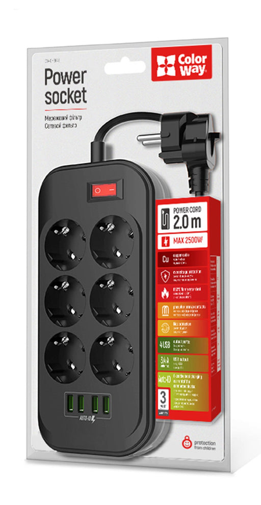 EAN 4823094917933 - Colorway CW-CHE64B base múltiple 2 m 6 salidas AC Interior Negro imagen 1