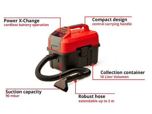 EAN 4006825640274 - Einhell TE-VC 18/10 Li-Solo 10 L Negro, Rojo imagen 2
