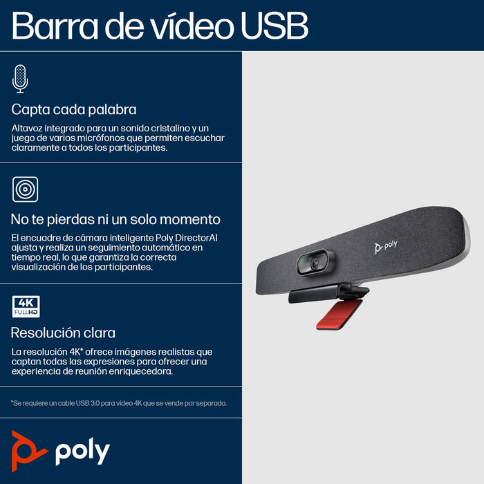 EAN 0197497463224 - HP Poly Studio R30 USB Video Bar Gris 3840 x 2160 Pixeles imagen 4