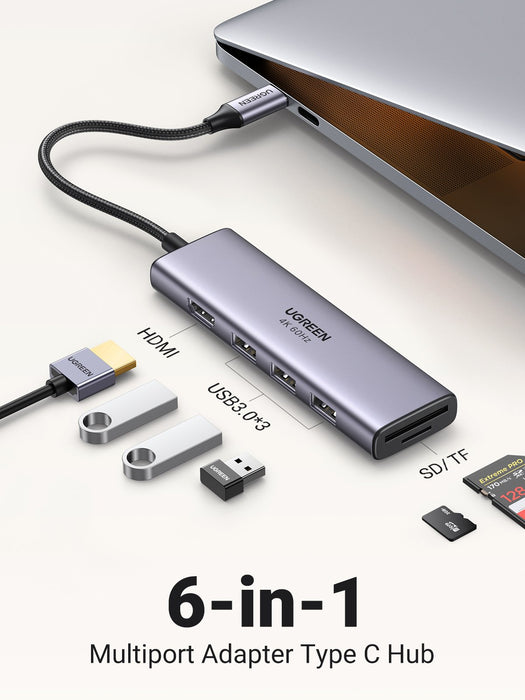EAN 6957303863839 - Ugreen CM511 5-in-1 Adapter USB-C Hub to 3x USB3.0 + HDMI + TF/SD Gray imagen 1